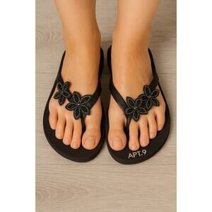 Boho Beach Chic Black Beaded Floral Sandals APT.9 Size 8